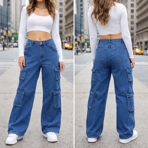 American Bazi Blue Wide Leg Cargo Jeans